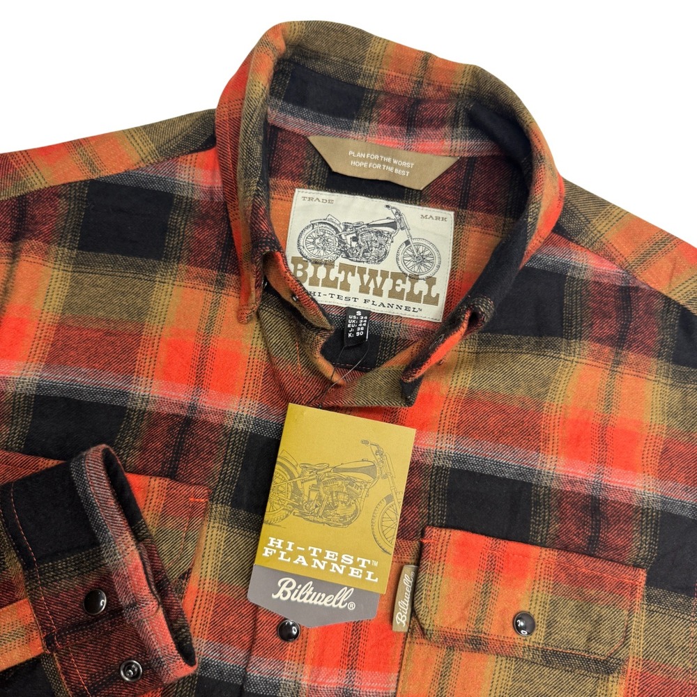 Biltwell HiTest Flannel Shirt Men's S Orange Plaid‎ Long Sleeve Moto Riding NEW